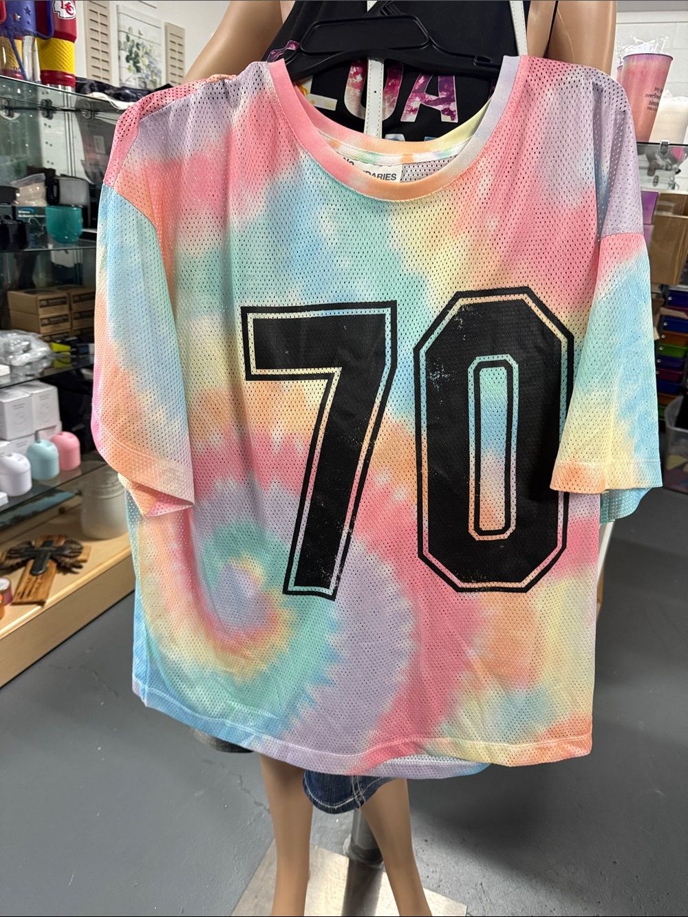 No Boundaries Pastel Tie-Dye Mesh Jersey Tee with Black '70' Graphic